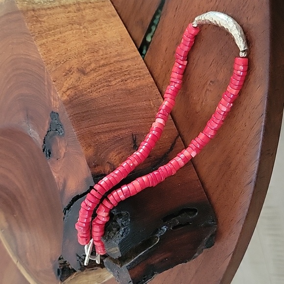 Red Coral Necklace With .925 silver Hammered Hardware and Closure.  17" length - Picture 2 of 11